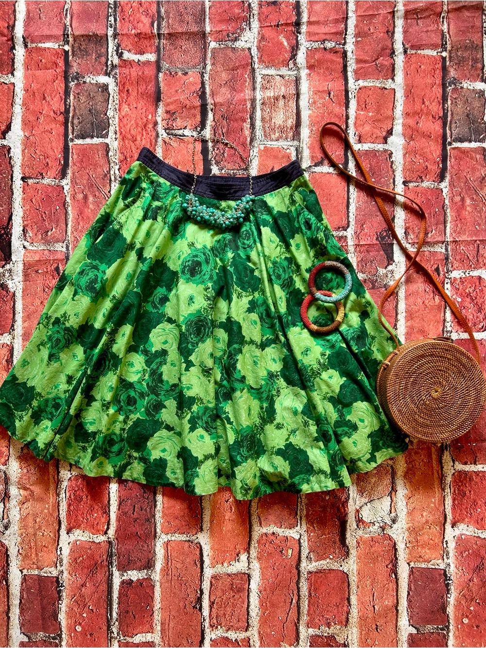 Anthropologie Edme & Esyllte green rose print circle skirt - Picture 2 of 11